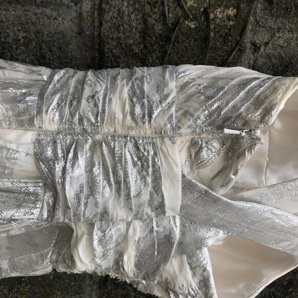 Aidan Mattox White Silver Metallic Halter Cross Back Maxi Gown Dress - Picture 10 of 11